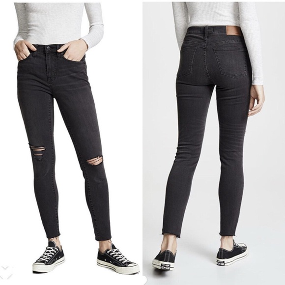 Madewell 9” High Riser Skinny Black Stretch Ripped Distressed Raw Hem Jeans 27 - Picture 1 of 7